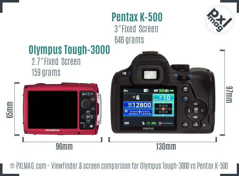 Olympus Tough-3000 vs Pentax K-500 Screen and Viewfinder comparison
