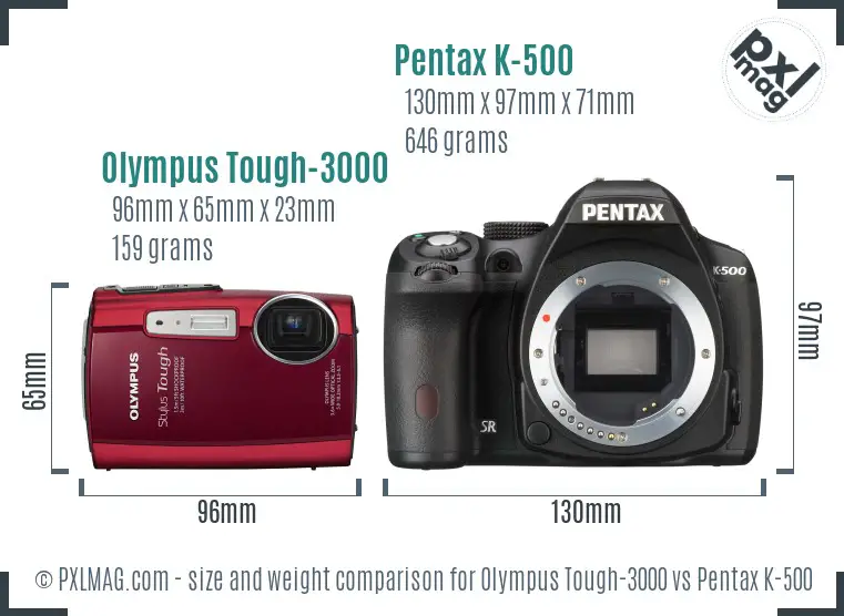 Olympus Tough-3000 vs Pentax K-500 size comparison
