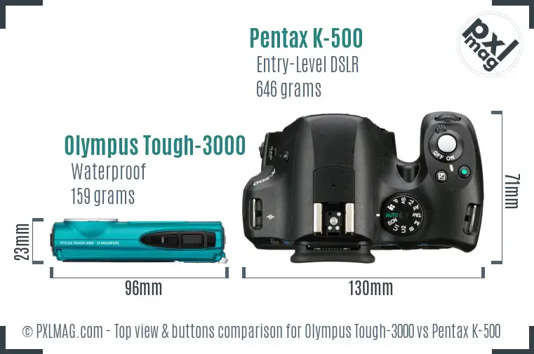 Olympus Tough-3000 vs Pentax K-500 top view buttons comparison
