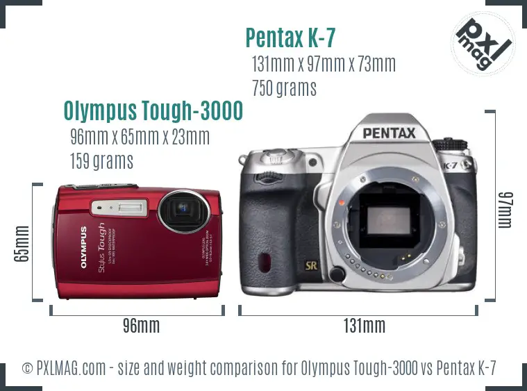 Olympus Tough-3000 vs Pentax K-7 size comparison