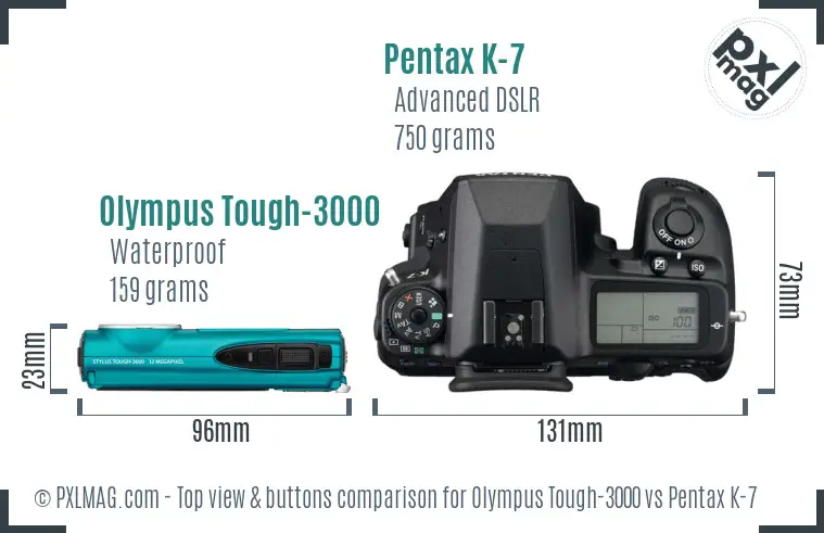 Olympus Tough-3000 vs Pentax K-7 top view buttons comparison