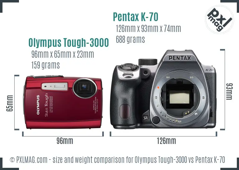 Olympus Tough-3000 vs Pentax K-70 size comparison