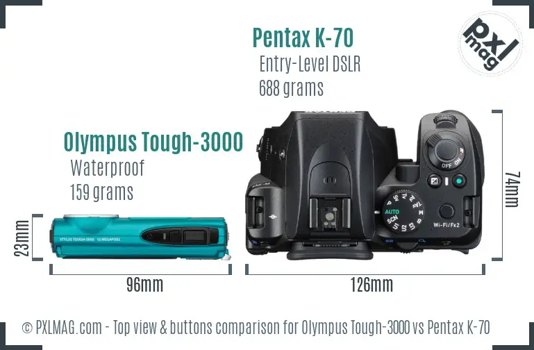 Olympus Tough-3000 vs Pentax K-70 top view buttons comparison
