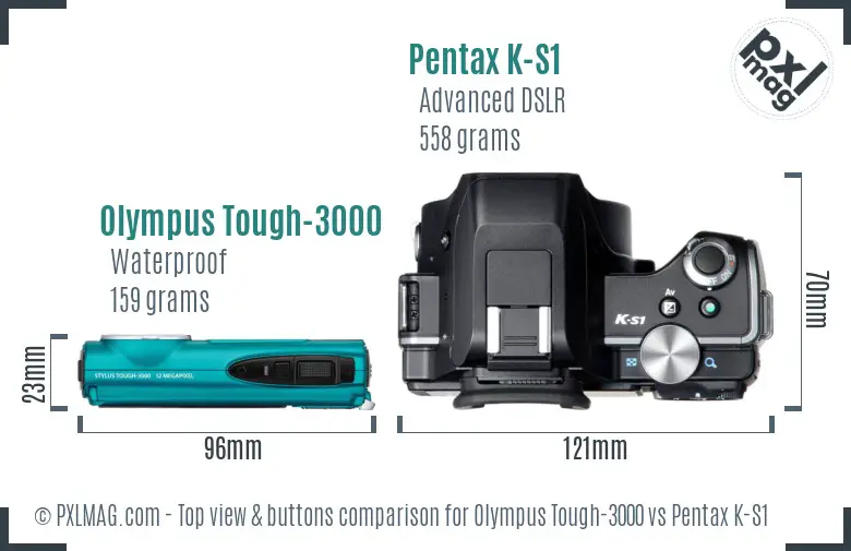 Olympus Tough-3000 vs Pentax K-S1 top view buttons comparison