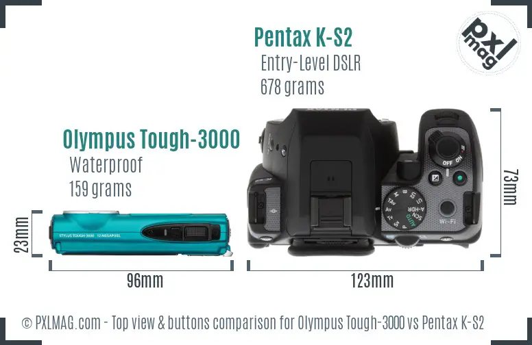 Olympus Tough-3000 vs Pentax K-S2 top view buttons comparison