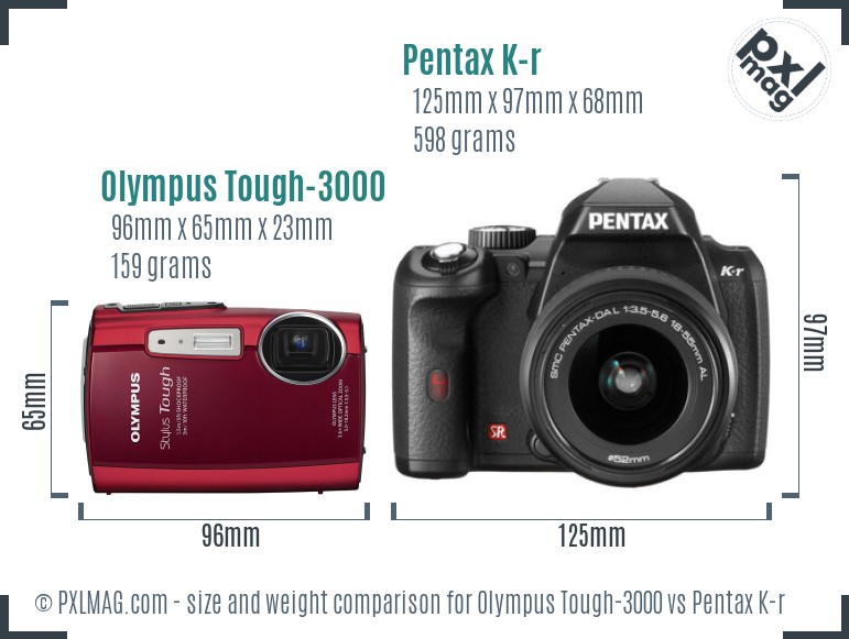 Olympus Tough-3000 vs Pentax K-r size comparison