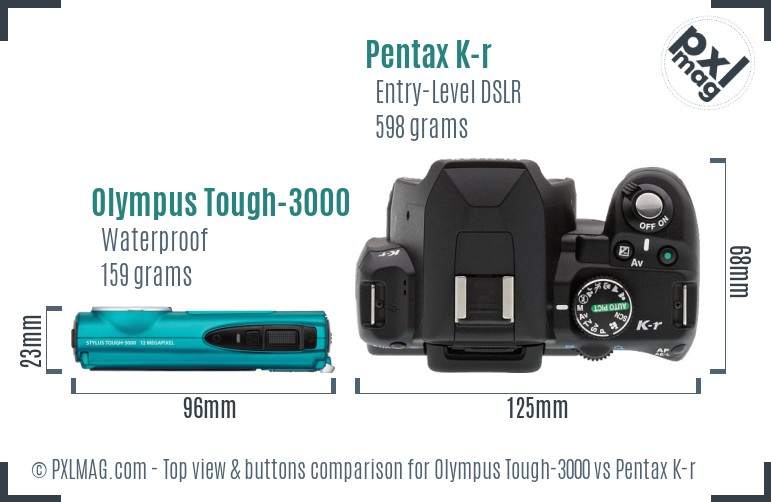 Olympus Tough-3000 vs Pentax K-r top view buttons comparison