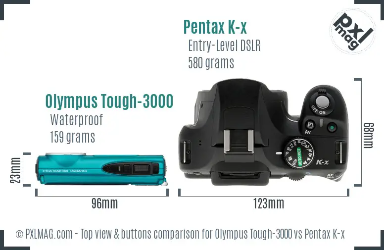 Olympus Tough-3000 vs Pentax K-x top view buttons comparison