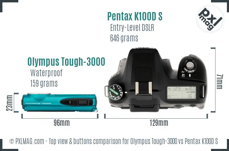 Olympus Tough-3000 vs Pentax K100D S top view buttons comparison
