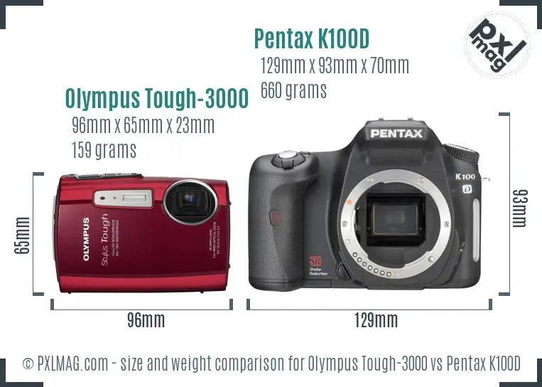 Olympus Tough-3000 vs Pentax K100D size comparison