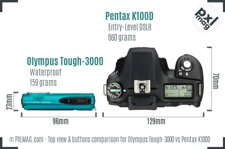 Olympus Tough-3000 vs Pentax K100D top view buttons comparison