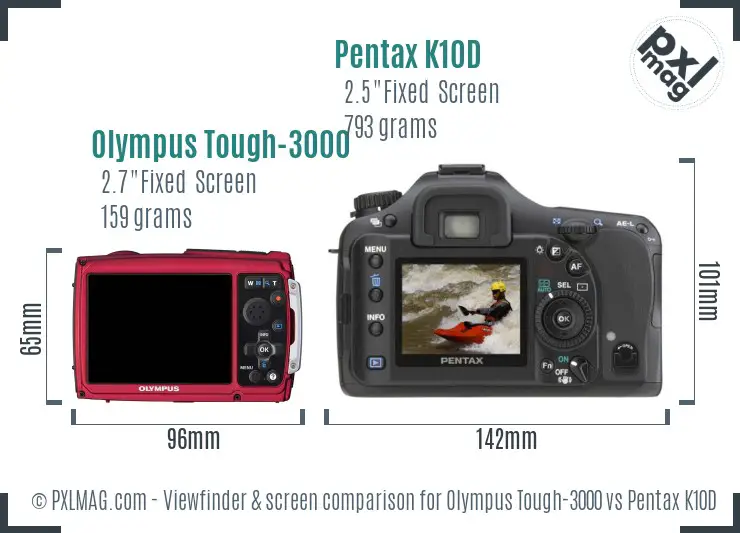 Olympus Tough-3000 vs Pentax K10D Screen and Viewfinder comparison