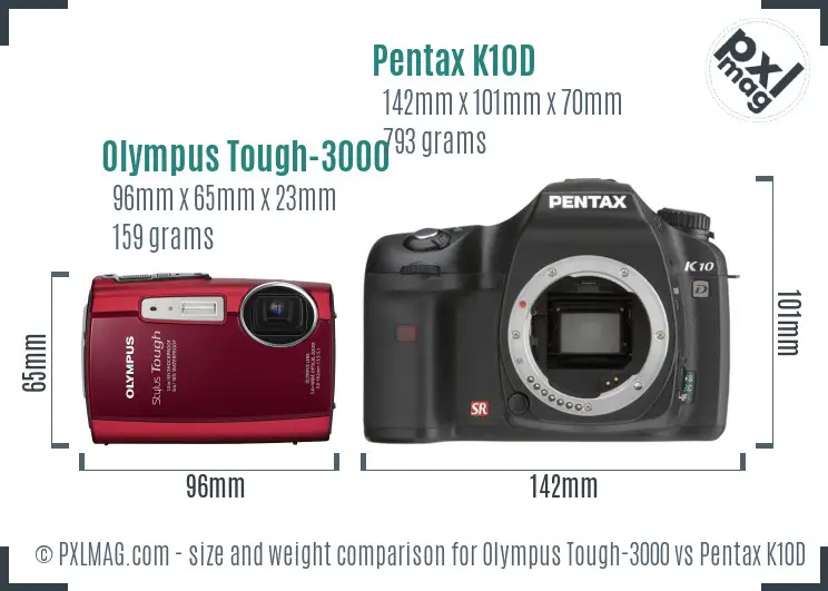 Olympus Tough-3000 vs Pentax K10D size comparison