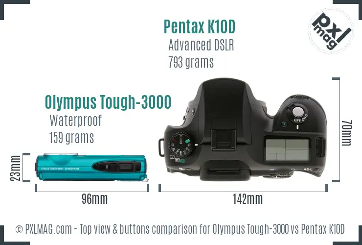 Olympus Tough-3000 vs Pentax K10D top view buttons comparison