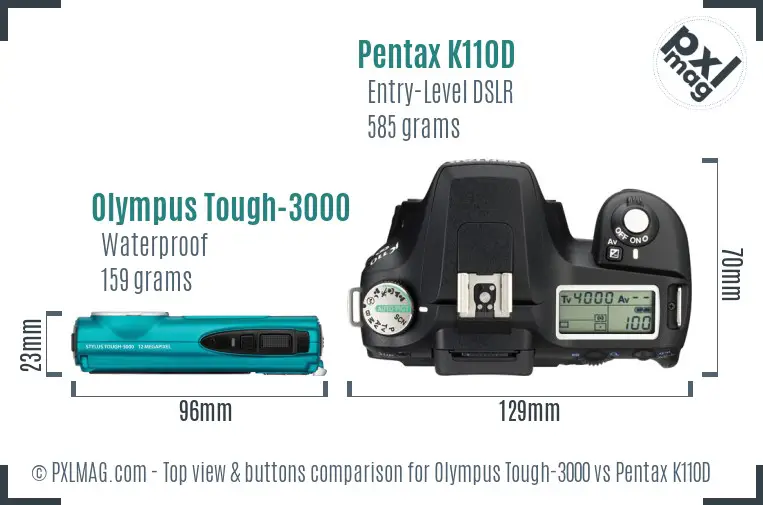 Olympus Tough-3000 vs Pentax K110D top view buttons comparison