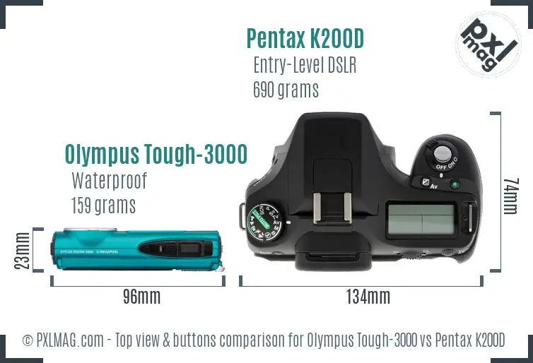 Olympus Tough-3000 vs Pentax K200D top view buttons comparison