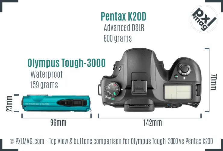 Olympus Tough-3000 vs Pentax K20D top view buttons comparison
