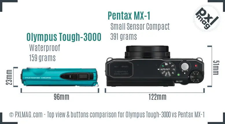Olympus Tough-3000 vs Pentax MX-1 top view buttons comparison