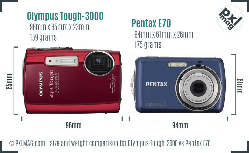 Olympus Tough-3000 vs Pentax E70 size comparison