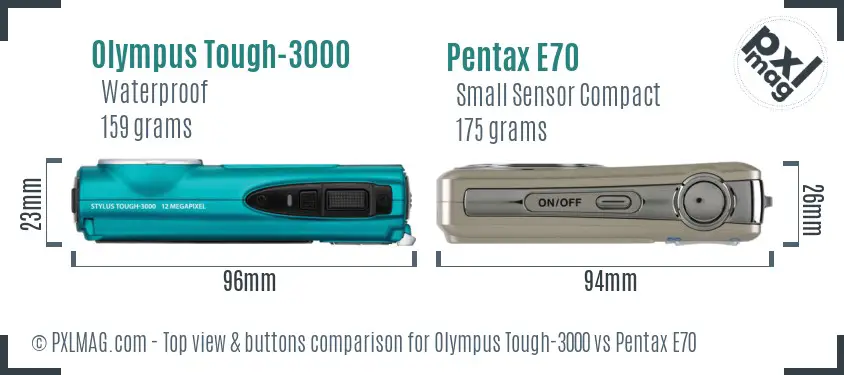 Olympus Tough-3000 vs Pentax E70 top view buttons comparison