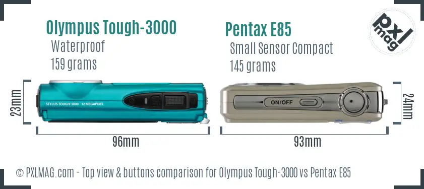 Olympus Tough-3000 vs Pentax E85 top view buttons comparison