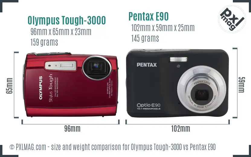 Olympus Tough-3000 vs Pentax E90 size comparison
