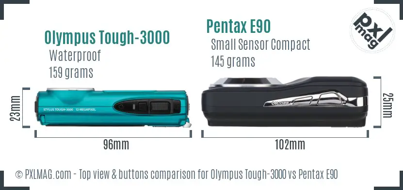 Olympus Tough-3000 vs Pentax E90 top view buttons comparison