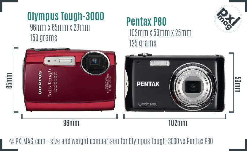 Olympus Tough-3000 vs Pentax P80 size comparison