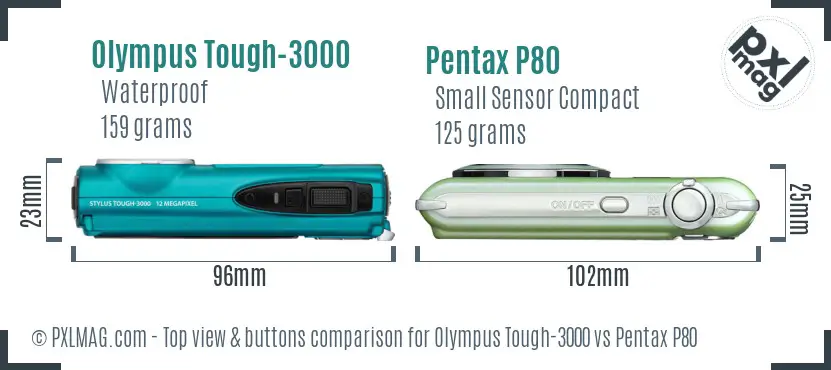 Olympus Tough-3000 vs Pentax P80 top view buttons comparison