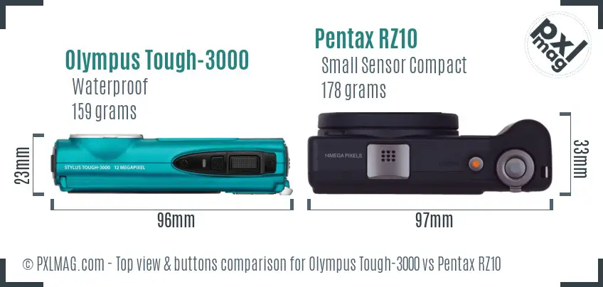 Olympus Tough-3000 vs Pentax RZ10 top view buttons comparison