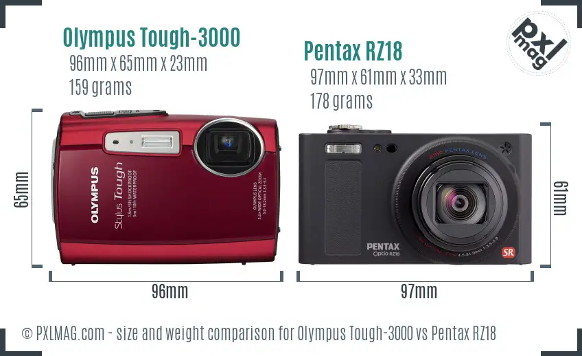 Olympus Tough-3000 vs Pentax RZ18 size comparison