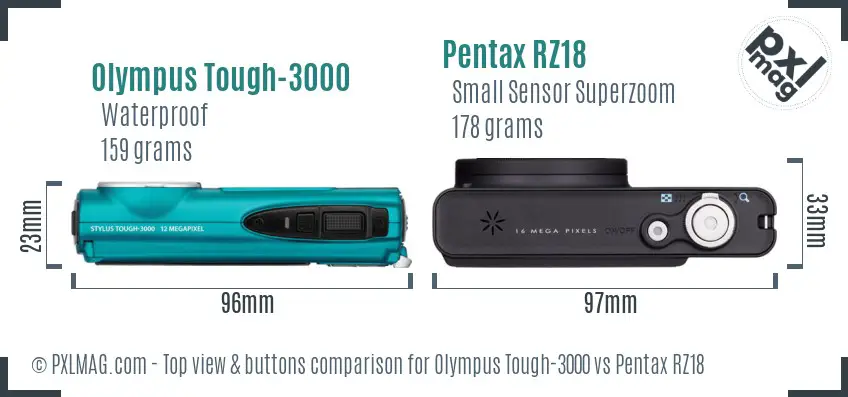 Olympus Tough-3000 vs Pentax RZ18 top view buttons comparison