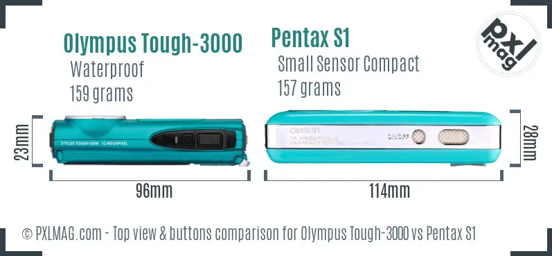 Olympus Tough-3000 vs Pentax S1 top view buttons comparison