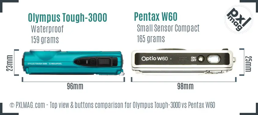 Olympus Tough-3000 vs Pentax W60 top view buttons comparison