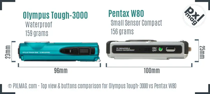 Olympus Tough-3000 vs Pentax W80 top view buttons comparison