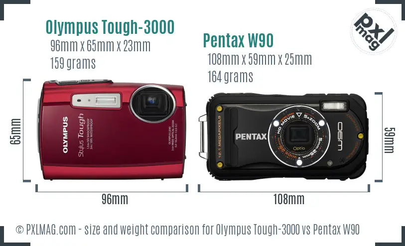Olympus Tough-3000 vs Pentax W90 size comparison
