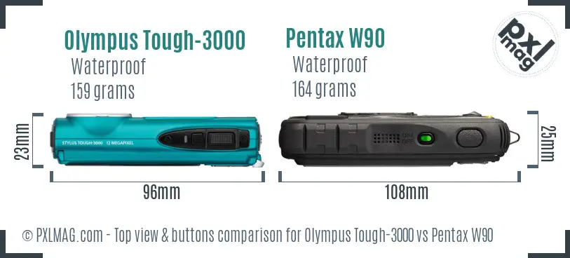 Olympus Tough-3000 vs Pentax W90 top view buttons comparison