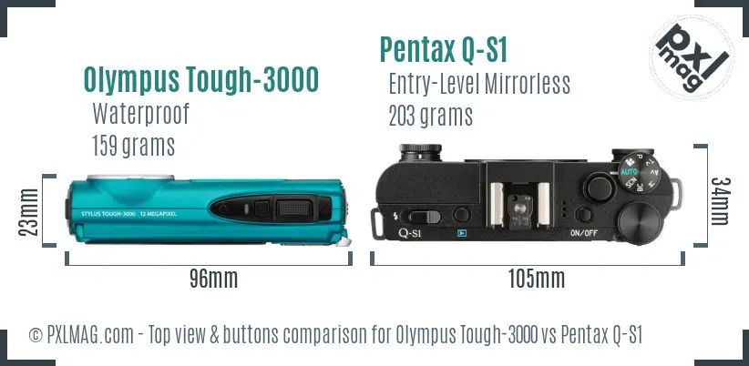 Olympus Tough-3000 vs Pentax Q-S1 top view buttons comparison