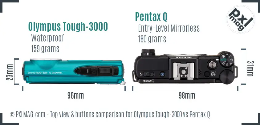 Olympus Tough-3000 vs Pentax Q top view buttons comparison