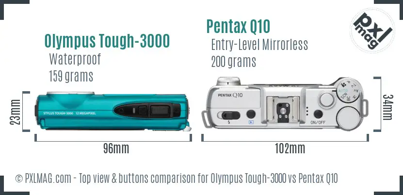 Olympus Tough-3000 vs Pentax Q10 top view buttons comparison