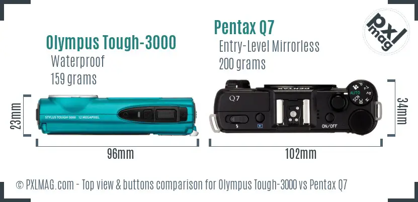 Olympus Tough-3000 vs Pentax Q7 top view buttons comparison