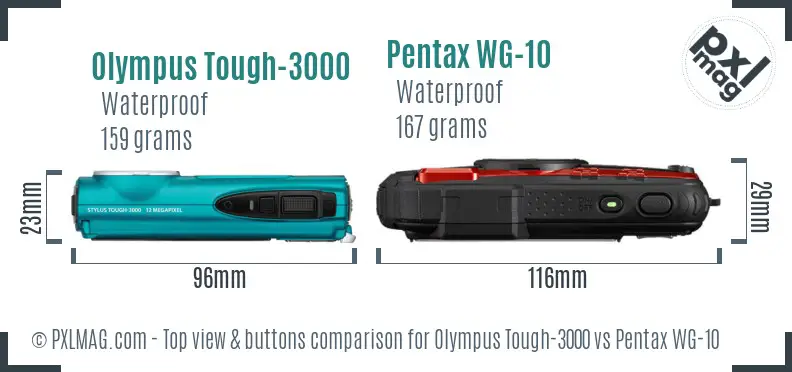 Olympus Tough-3000 vs Pentax WG-10 top view buttons comparison