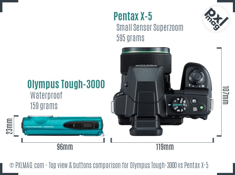 Olympus Tough-3000 vs Pentax X-5 top view buttons comparison