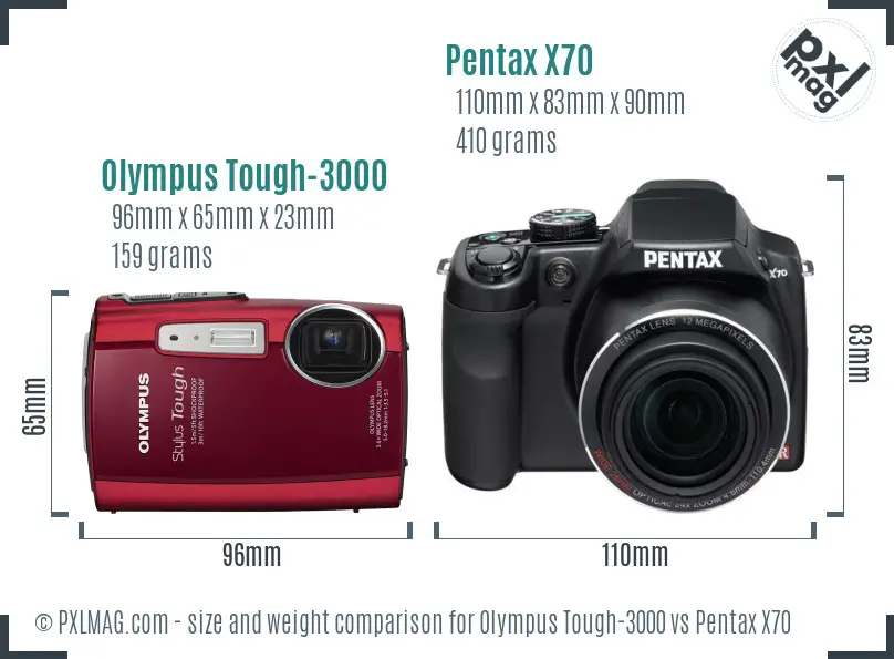 Olympus Tough-3000 vs Pentax X70 size comparison