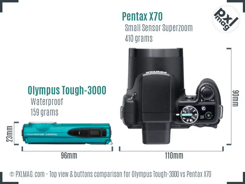 Olympus Tough-3000 vs Pentax X70 top view buttons comparison