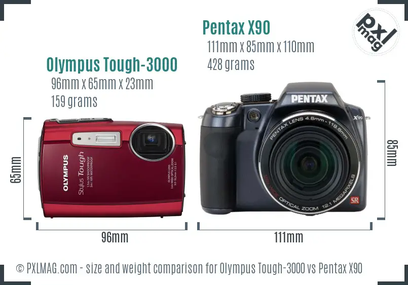 Olympus Tough-3000 vs Pentax X90 size comparison