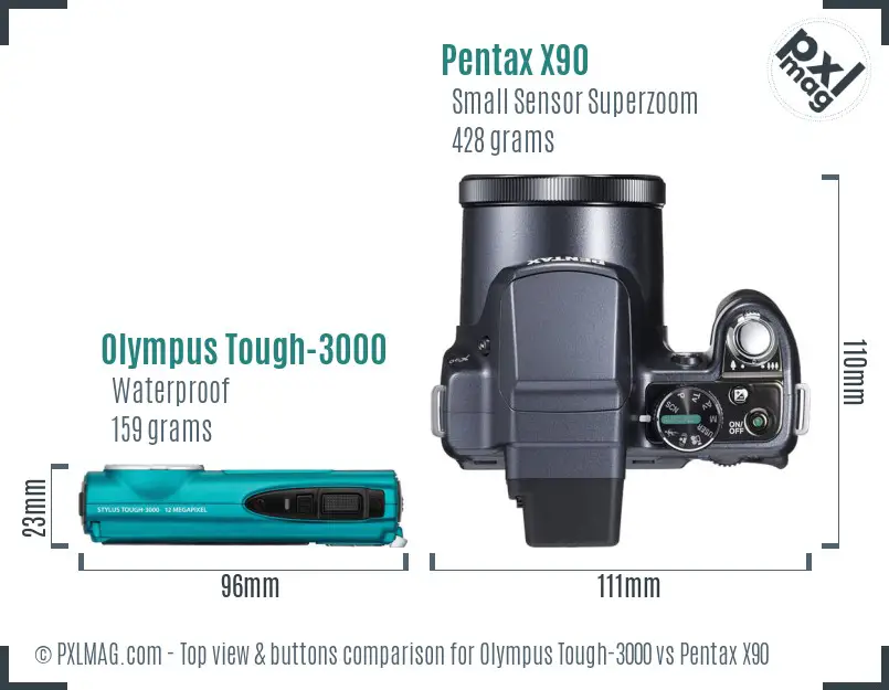 Olympus Tough-3000 vs Pentax X90 top view buttons comparison