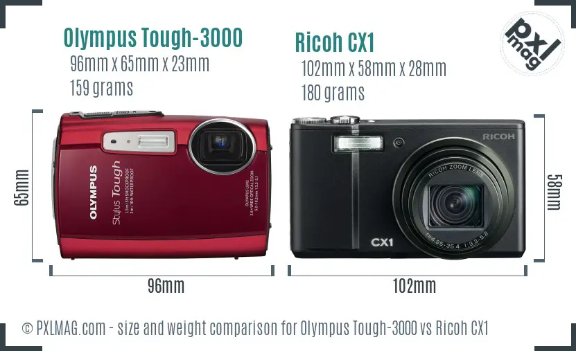 Olympus Tough-3000 vs Ricoh CX1 size comparison