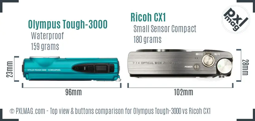 Olympus Tough-3000 vs Ricoh CX1 top view buttons comparison