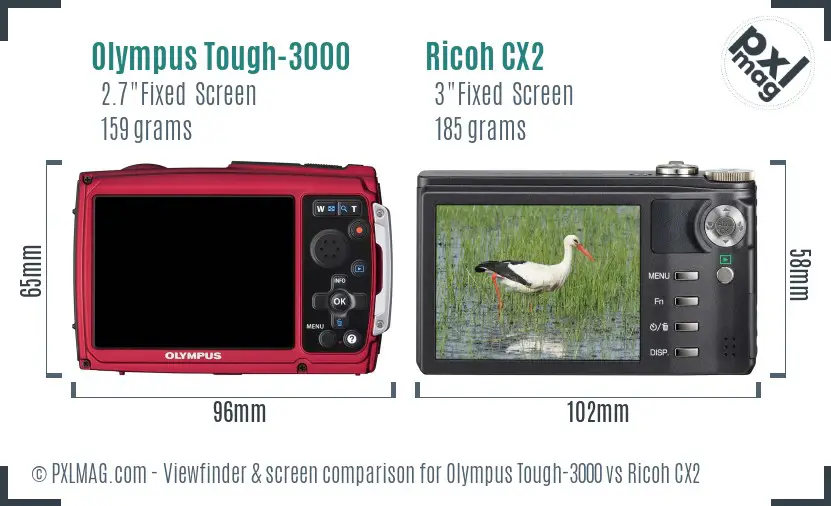 Olympus Tough-3000 vs Ricoh CX2 Screen and Viewfinder comparison